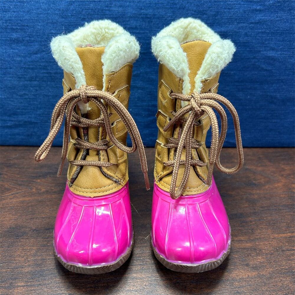 Josmo Girls' Pink and Tan Duck Boots Size 8 Winter Faux Fur Lined Lace Up